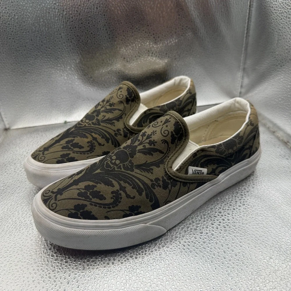 Size 5.5M/7W Vans‎ Skull Tapestry Grape Leaf Olive Unisex Slip On Shoes 507698
